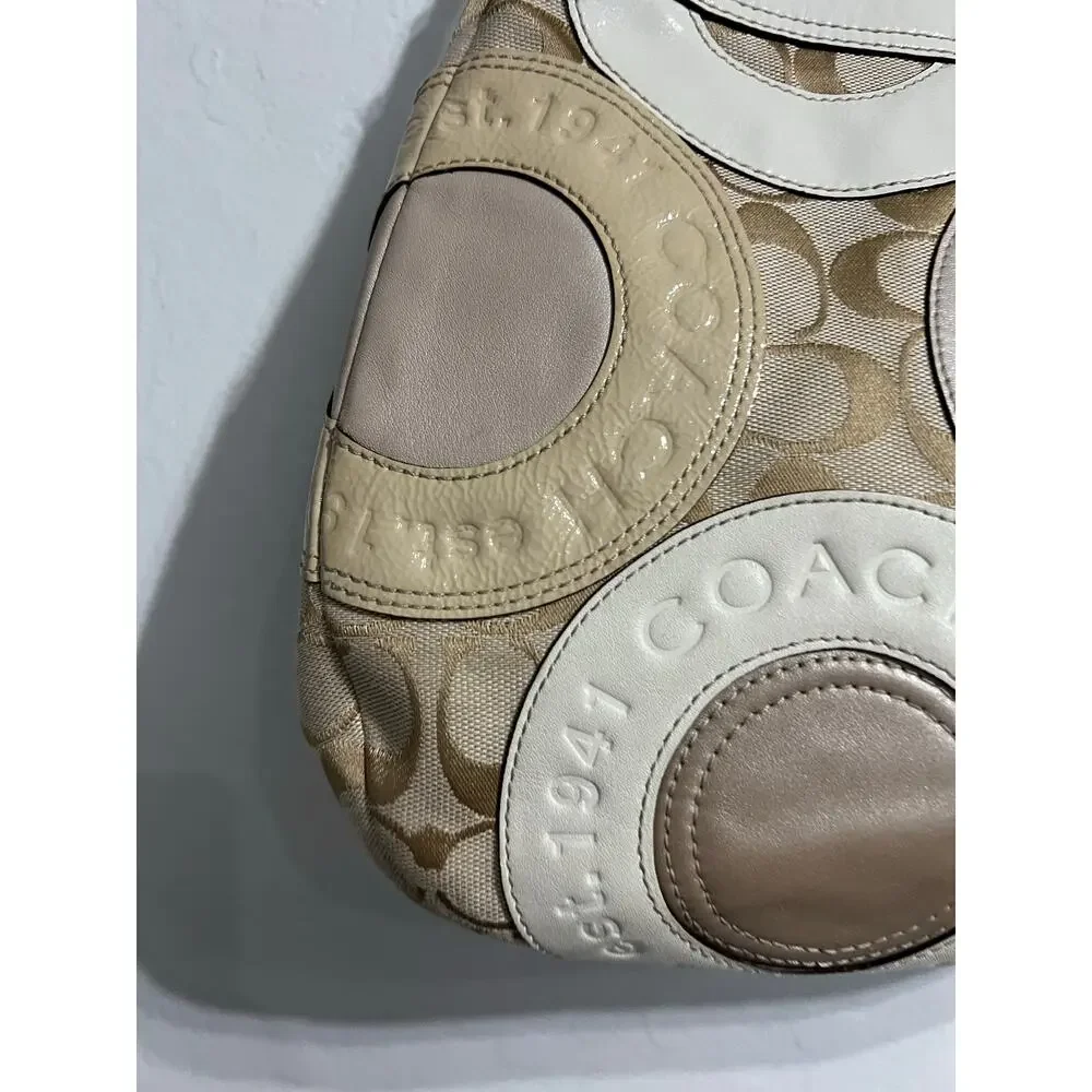 Coach Pierced Patchwork Maggie Hobo Bag Logo Khaki Beige Purse Tan